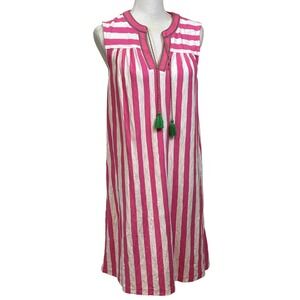 Boden Pink and White Striped Sleeveless Tassel Dress with Green Accents